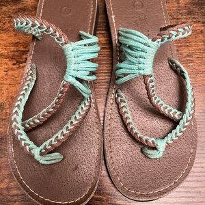 Planka Sandals Flip Flop Thong Size 6 Teal Blue Brown  Strappy Boho Bohemian